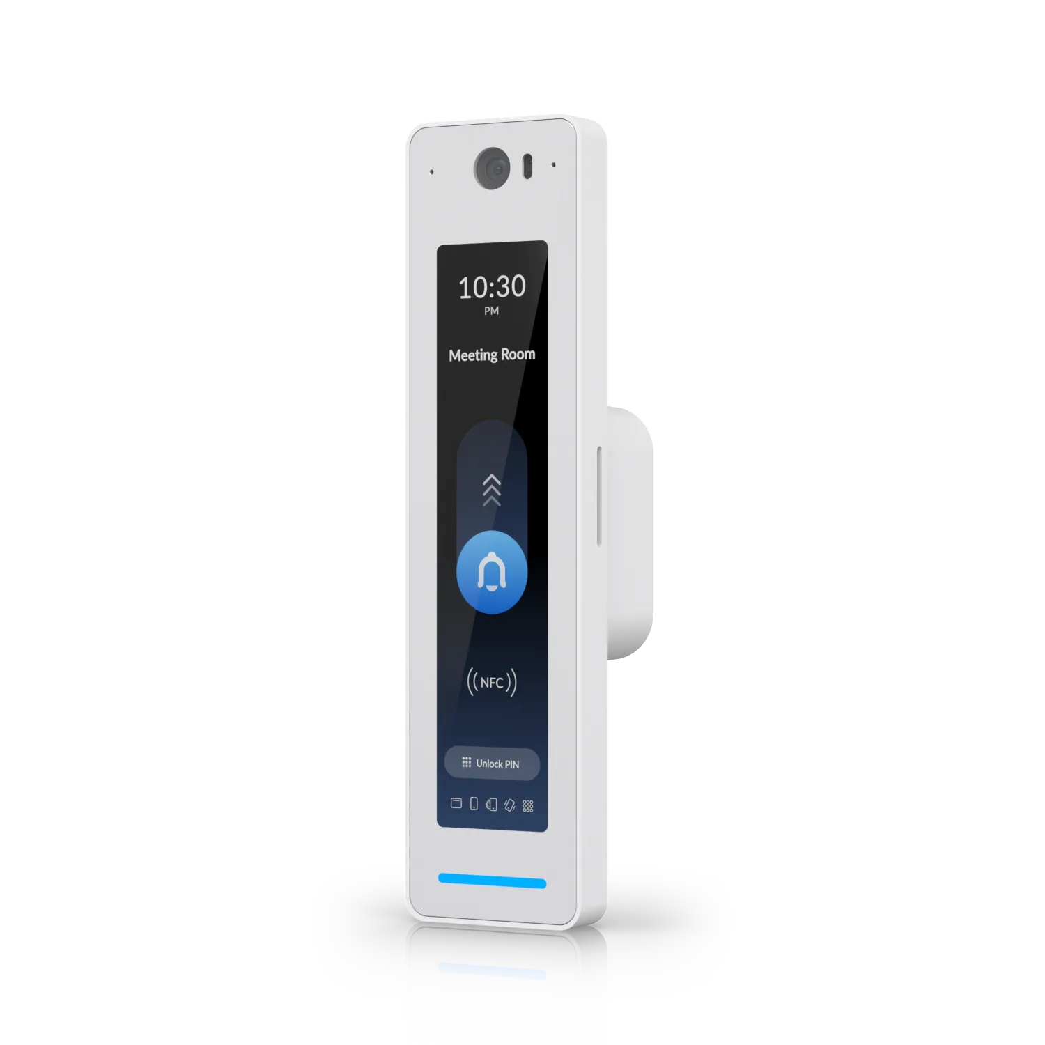 Ubiquiti Access G3 Reader Pro weiß mit digitaler Uhr, Meeting-Room-Anzeige und NFC-Symbol auf schwarzem Hintergrund mit