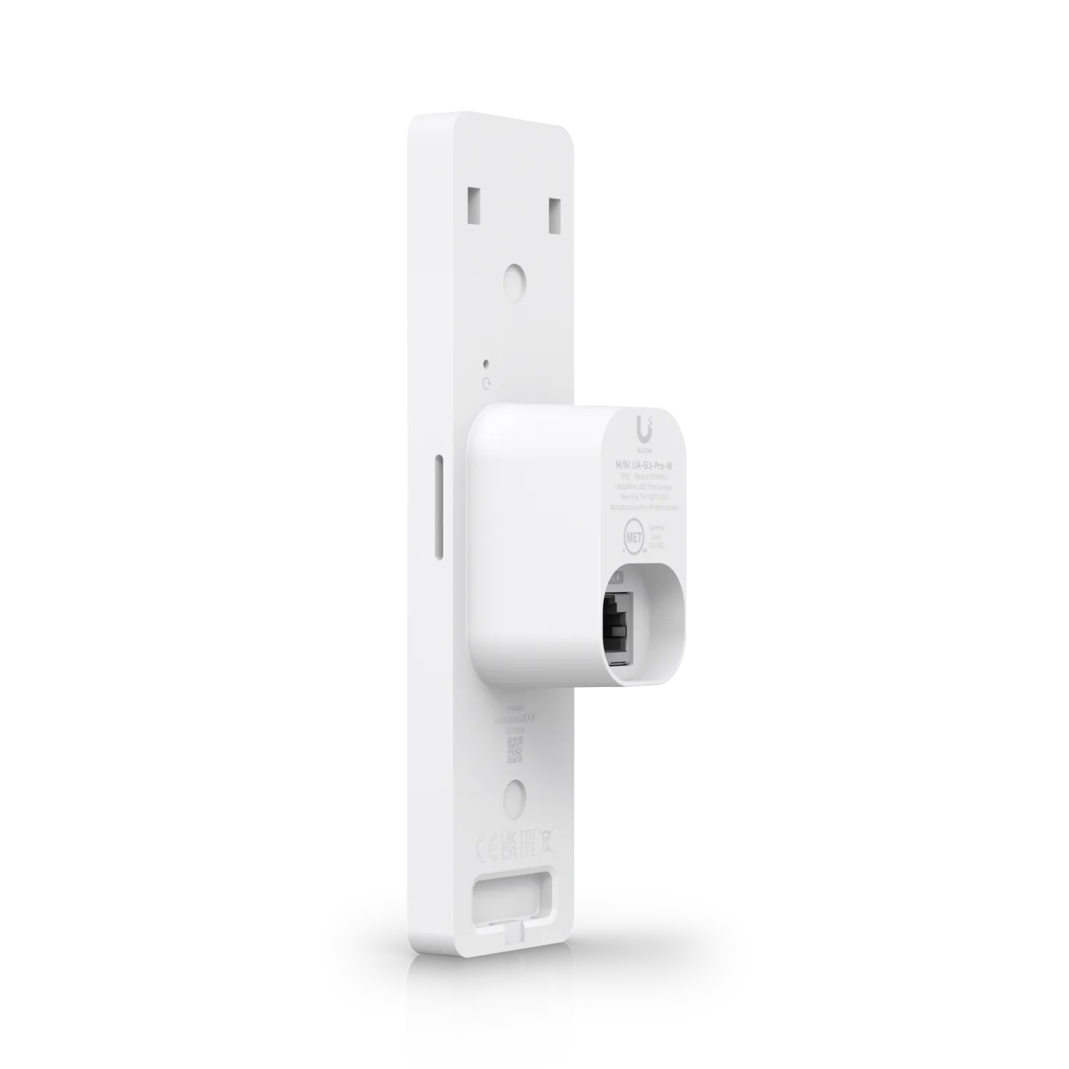 Ubiquiti Access G3 Reader Pro weiß seitlich auf schwarzem Hintergrund mit Ethernet-Port und Zulassungstext.