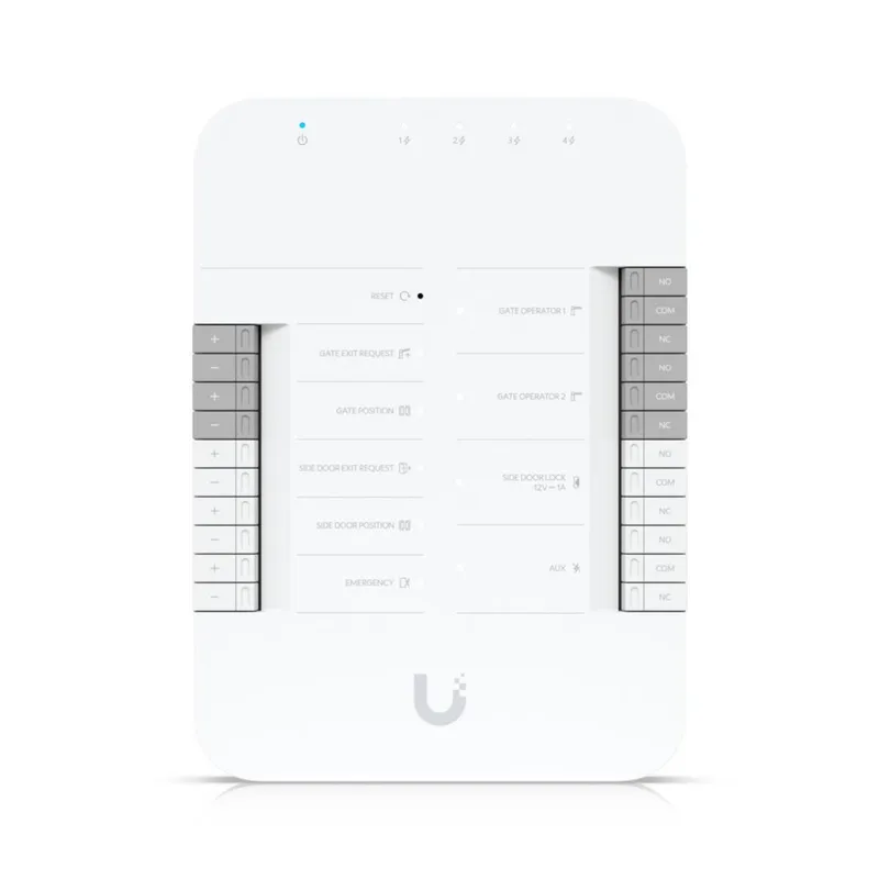 Ubiquiti Access Gate Hub, белый прямоугольный контроллер доступа с индикаторами, клеммами и логотипом внизу для управления