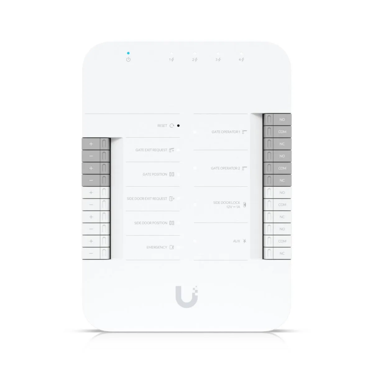 Ubiquiti Access Gate Hub front view with white casing, blue power LED, four numbered status lights, labeled terminal blocks Ubiquiti Access Gate Hub front view with white casing, blue power LED, four numbered status lights, labeled terminal blocks