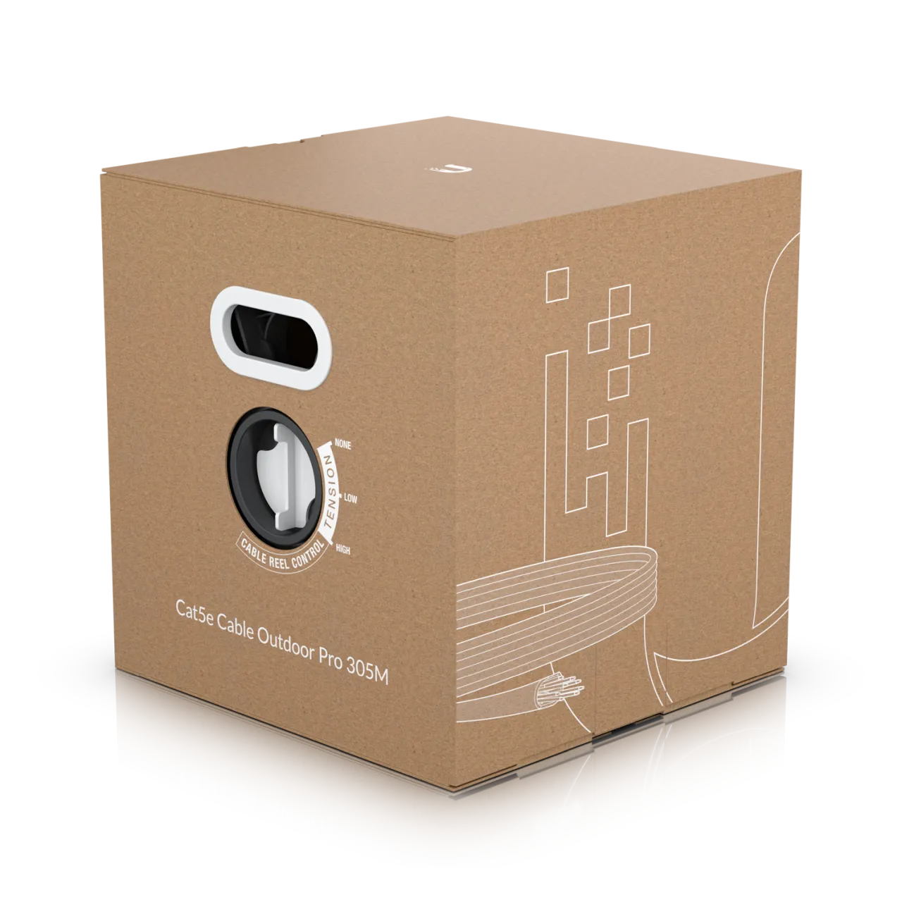 Câble Ubiquiti UniFi Outdoor CAT5e 305m blanc en boîte carton avec poignée et molette de tension pour installation