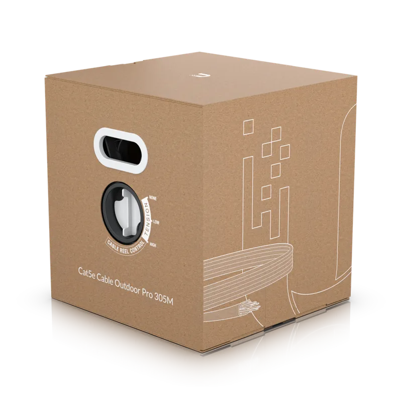 Câble Ubiquiti UniFi Outdoor CAT5e 305m blanc en boîte carton avec poignée et molette de tension pour installation