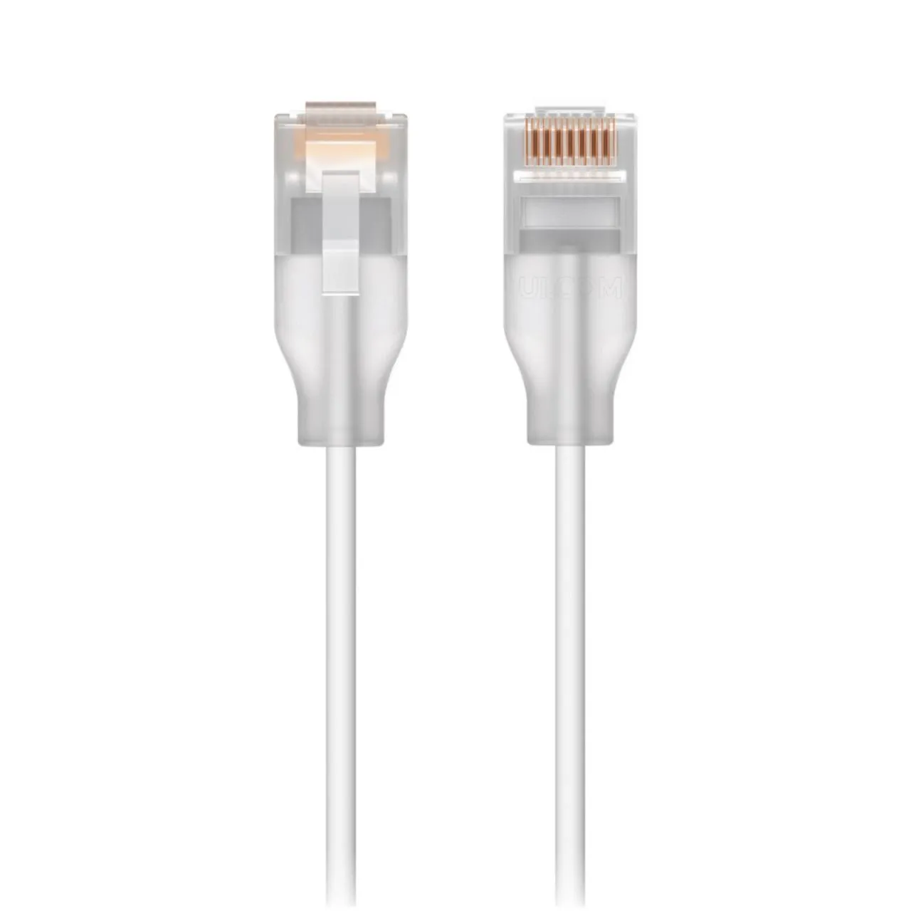 UniFi Etherlighting Patchkabel mit 2,5 GbE-Unterstützung, zwei weiße Ethernetkabel mit transparenten RJ45-Steckern und UniFi Etherlighting Patchkabel mit 2,5 GbE-Unterstützung, zwei weiße Ethernetkabel mit transparenten RJ45-Steckern und