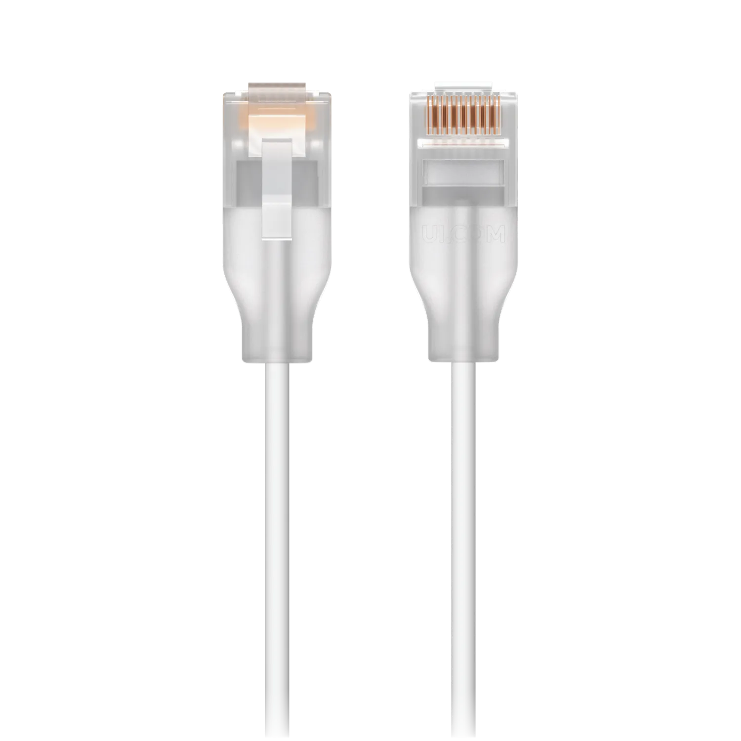 Câble patch Ethernet UniFi Etherlighting blanc 0,15 m ultra-fin avec connecteurs RJ45 transparents montrant la languette de