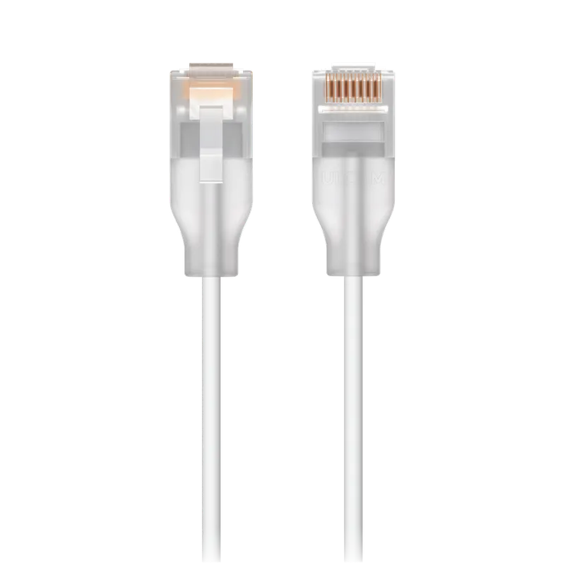 Ubiquiti UniFi Outdoor 3m white Ethernet patch cable with two RJ45 connectors side-by-side showing locking tab and gold