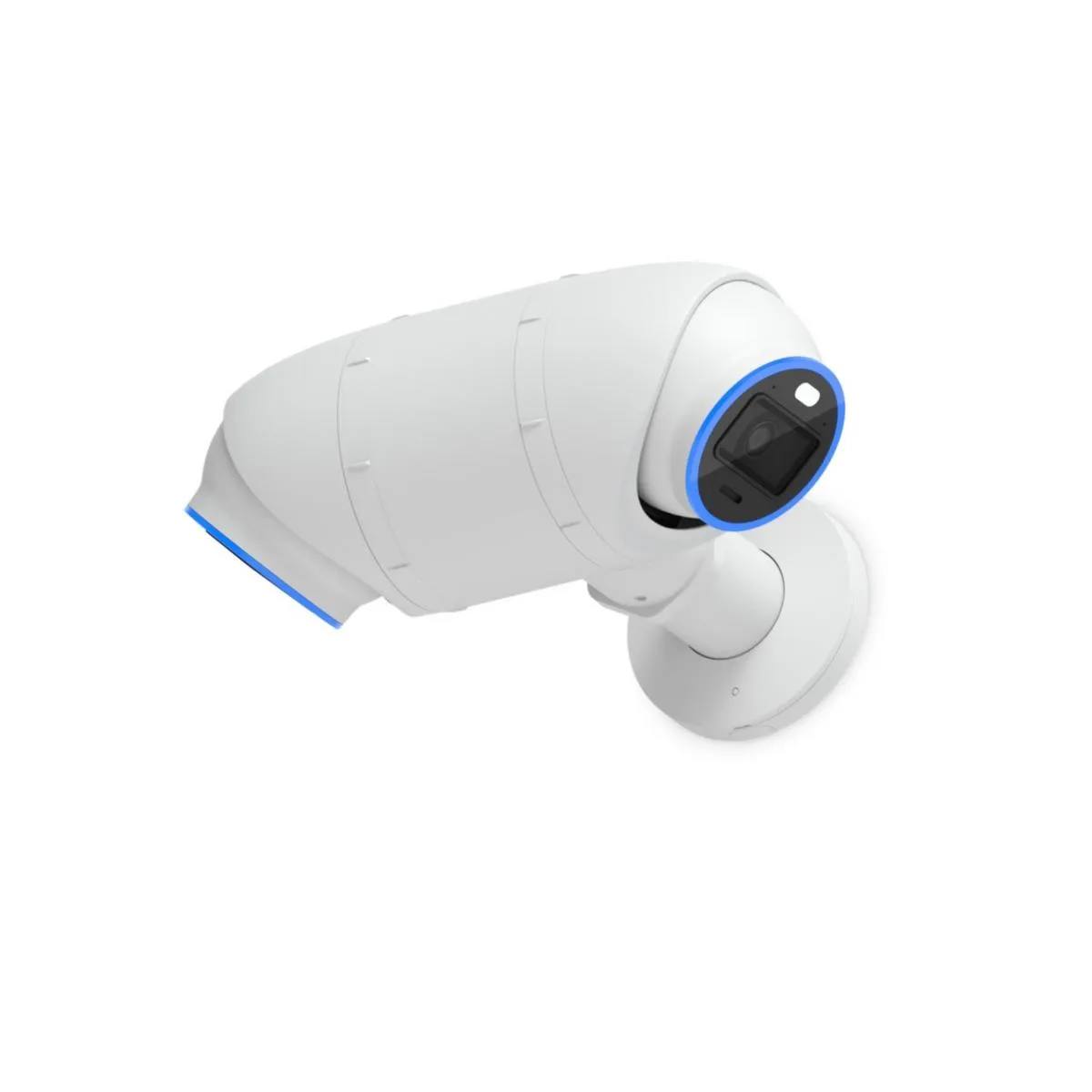 Telecamera di sicurezza Ubiquiti Dual Mount bianca montata su base circolare con lente frontale e anello blu. Telecamera di sicurezza Ubiquiti Dual Mount bianca montata su base circolare con lente frontale e anello blu.