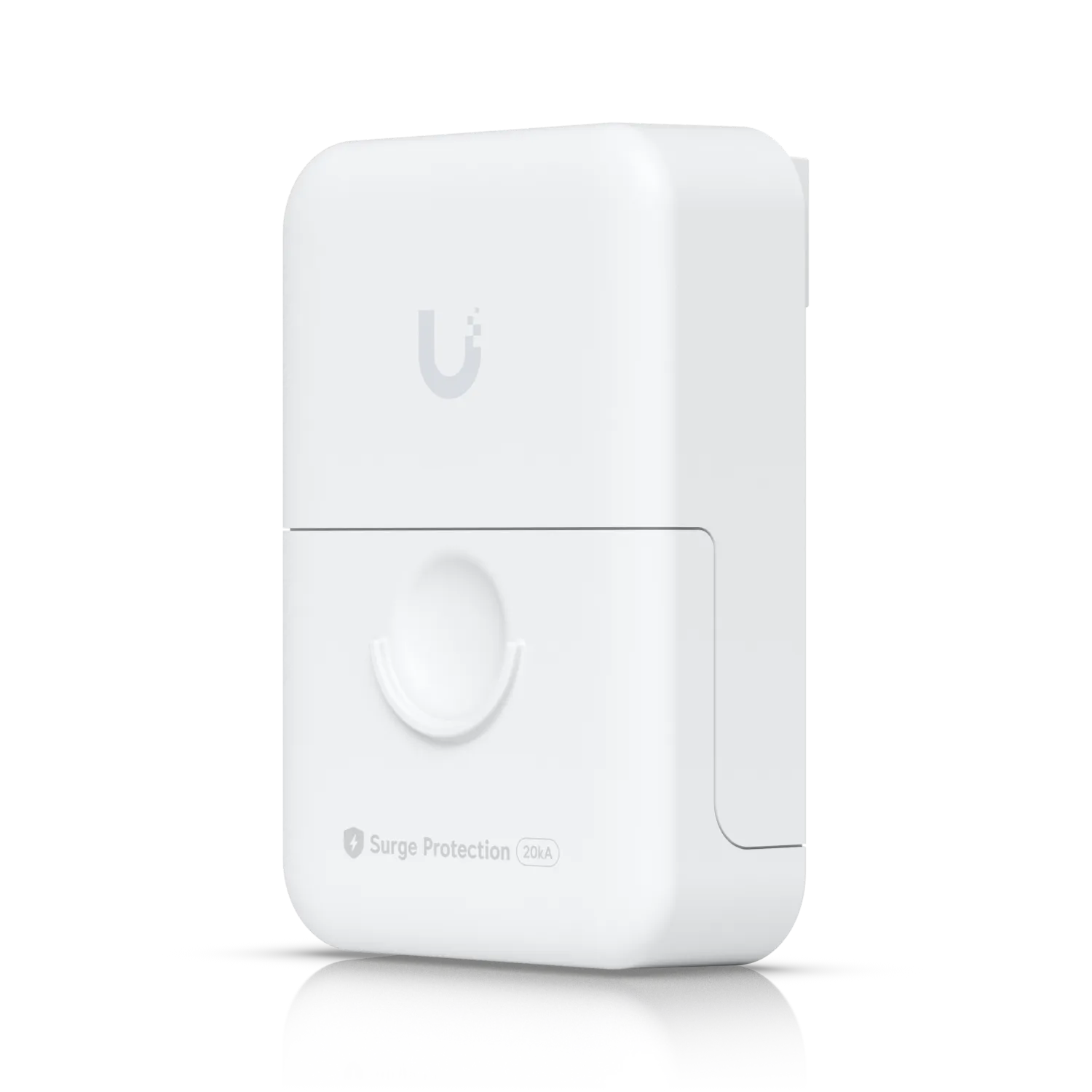 Protector contra sobretensiones Ethernet Ubiquiti para exteriores, dispositivo blanco rectangular con logo y protección