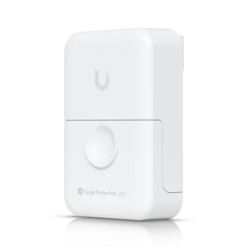 Protector contra sobretensiones Ethernet Ubiquiti para exteriores, dispositivo blanco rectangular con logo y protección