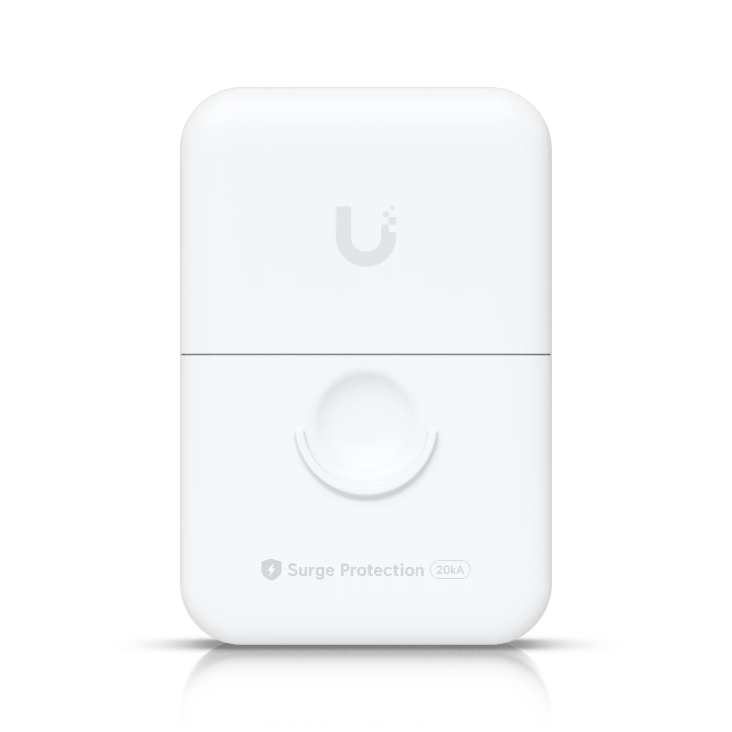 Protector contra sobretensiones Ethernet Ubiquiti para exteriores, dispositivo blanco rectangular con logo y protección