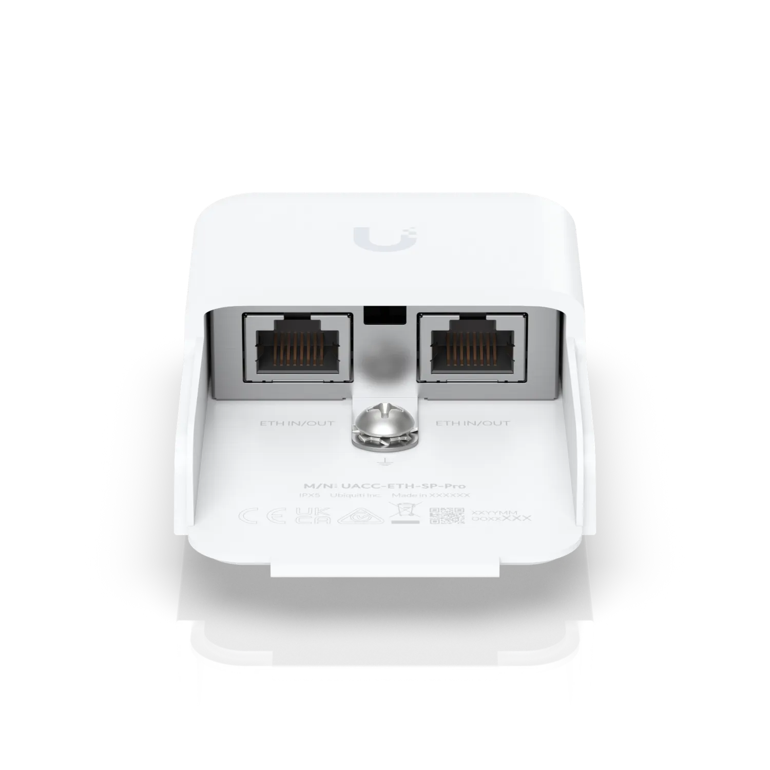 Protector contra sobretensiones Ethernet Ubiquiti para exteriores con dos puertos RJ45 y tornillo de tierra en fondo negro.