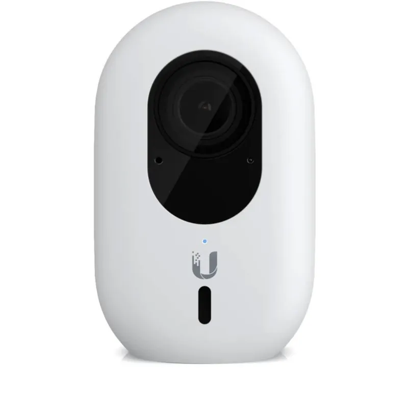 UniFi Protect G4 Instant Kameraabdeckung in Hellgrau mit weißer ovaler Kamera, schwarzem Objektiv, blauem LED-Indikator und