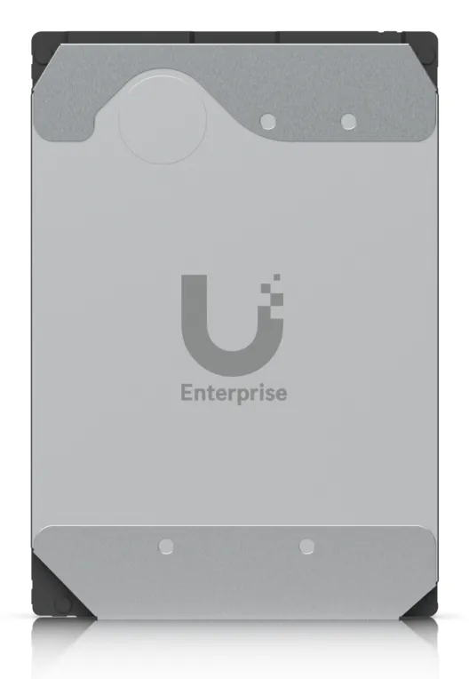 Disque dur Ubiquiti Enterprise 3,5 pouces 16 To avec logo U gris et inscription Enterprise en vue frontale pour stockage