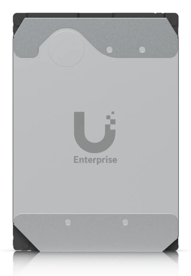 Disque dur Ubiquiti Enterprise 3,5 pouces 16 To avec logo U gris et inscription Enterprise en vue frontale pour stockage