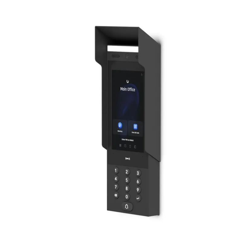 Bouclier solaire Ubiquiti Access Intercom noir avec écran affichant Main Office, clavier numérique et bouton d’appel en