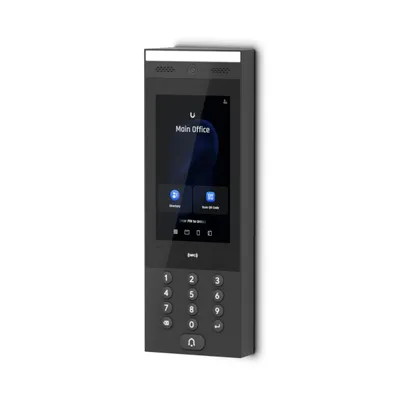 Ubiquiti UACC-Intercom-WM Wandhalterung mit dunklem Touchscreen-Intercom Gerät für Büros, zeigt Hauptbüro-Anzeige und