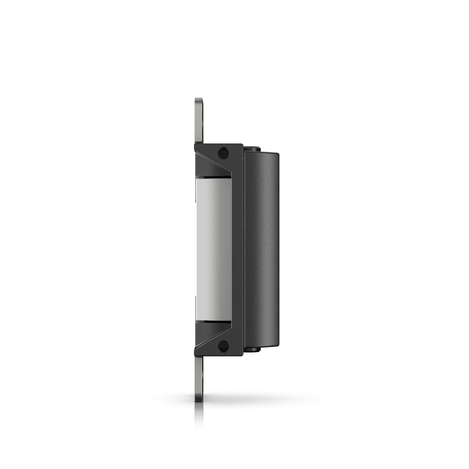 Cerradura eléctrica UniFi Access Fail-Secure Strike Lock vista lateral en negro y plateado sobre fondo oscuro para control Cerradura eléctrica UniFi Access Fail-Secure Strike Lock vista lateral en negro y plateado sobre fondo oscuro para control
