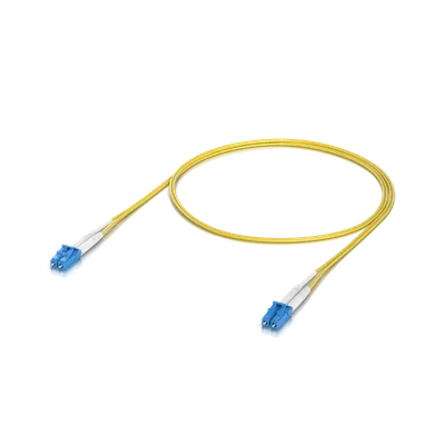 Ubiquiti OS2 Duplex LC UPC Glasfaser-Patchkabel 10m gelb mit blauen LC UPC-Steckern auf schwarzem Hintergrund gewickelt. Ubiquiti OS2 Duplex LC UPC Glasfaser-Patchkabel 10m gelb mit blauen LC UPC-Steckern auf schwarzem Hintergrund gewickelt.
