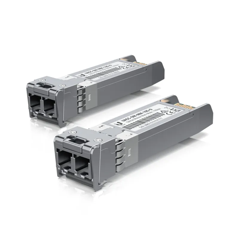 Ubiquiti SFP+ модуль оптический 10 Гбит/с многомодовый 20 шт, два серебристых модуля с металлическим корпусом и фиксатором