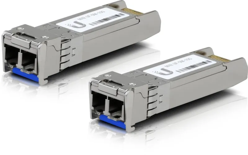 Комплект Ubiquiti SFP+ модулей 10 Гбит/с на 20 шт два серебристых трансивера с синими защёлками и логотипом на белом фоне