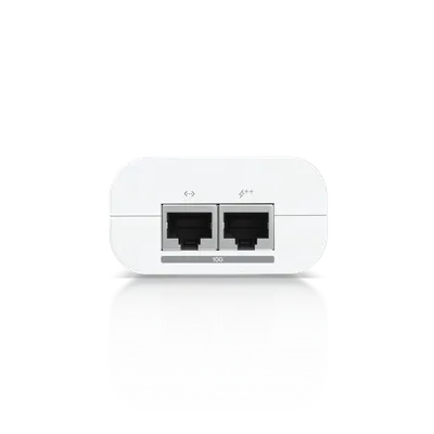Ubiquiti PoE++ Injector 60W rear view with dual 10G RJ45 ports—data port left, PoE++ power port right for high-power Ubiquiti PoE++ Injector 60W rear view with dual 10G RJ45 ports—data port left, PoE++ power port right for high-power