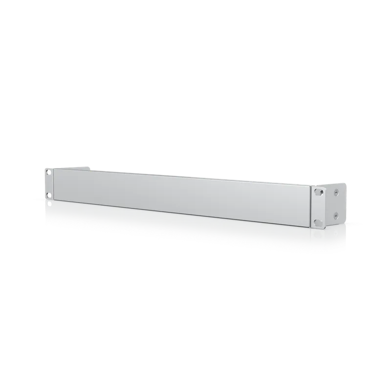 Ubiquiti 1U rack mount blank panel with mounting flanges and screw holes shown in white against a black background for