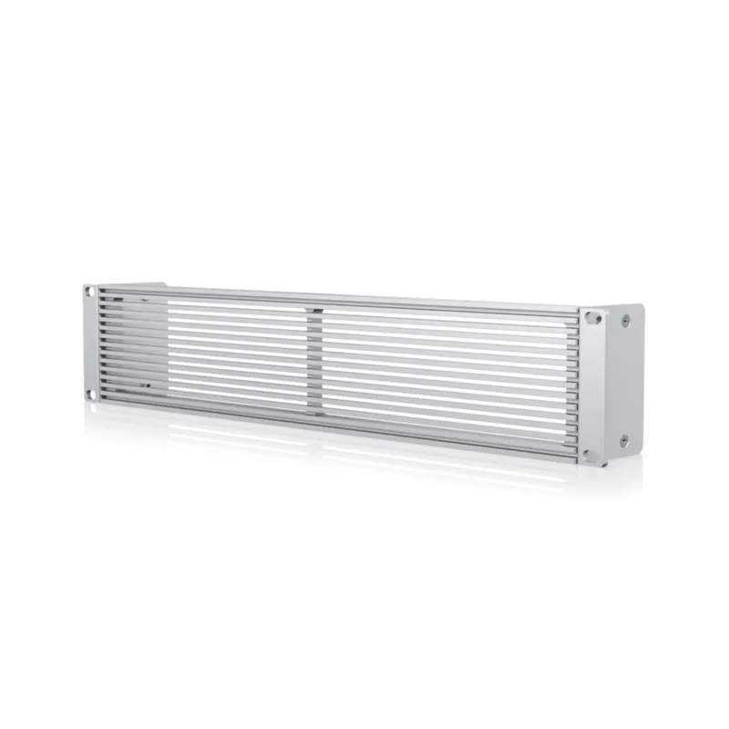 Ubiquiti 2U rack mount vented blank panel with horizontal slats and mounting holes for server rack airflow management.