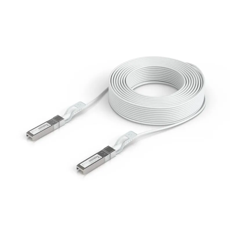 Ubiquiti SFP28 10/25Gbps 30m DAC cable coiled with two silver transceiver connectors for high-speed network uplinks.