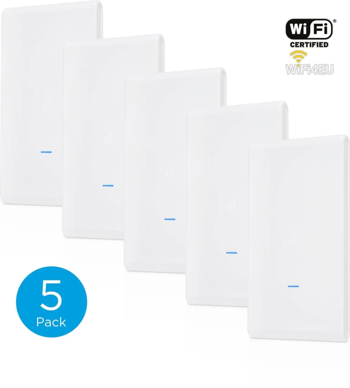 Ubiquiti UniFi AP AC Mesh Pro 5-pack without PoE injector, five white access points with blue LED indicators in staggered