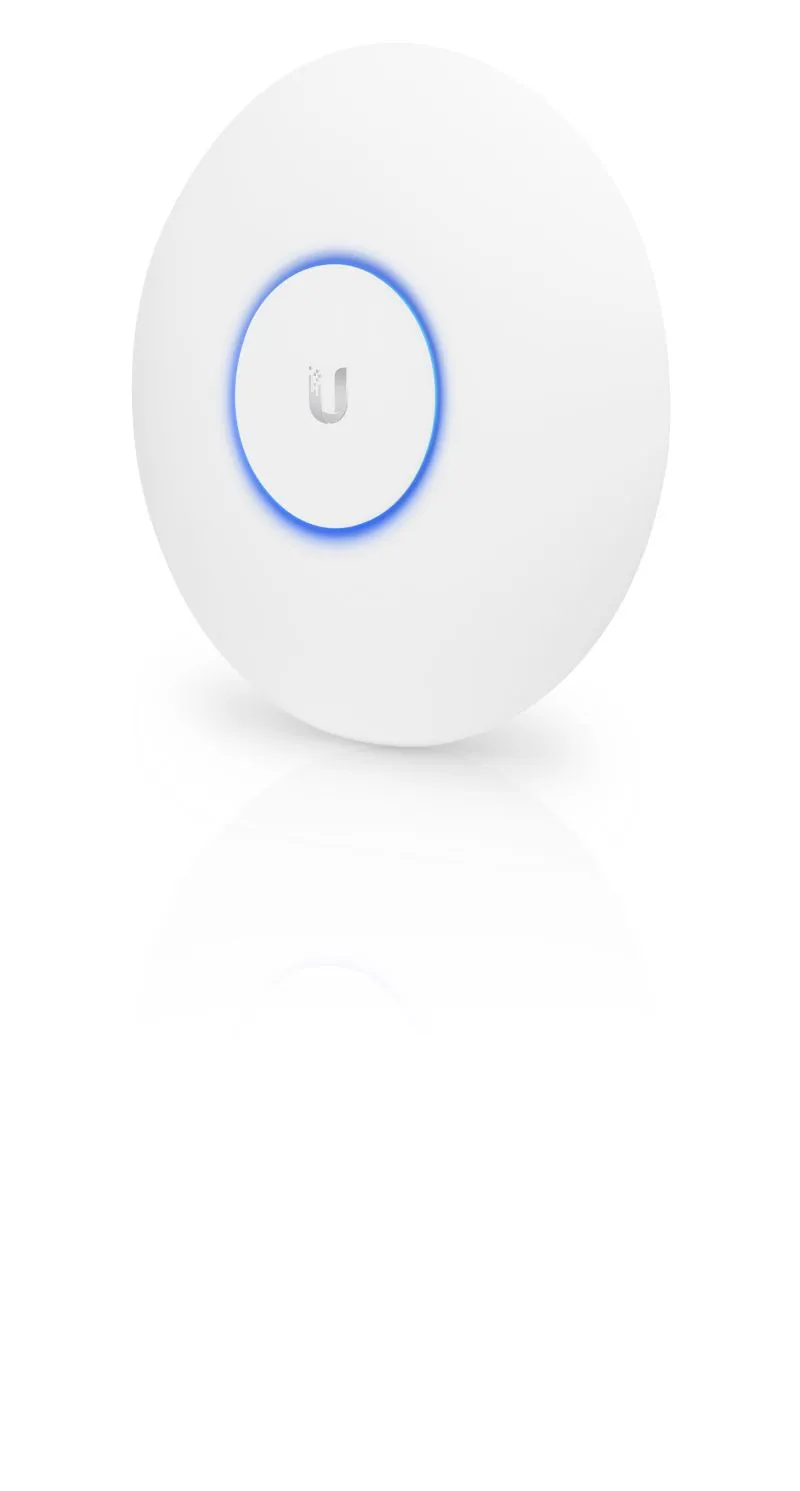 Weißer, runder Ubiquiti UniFi AP AC SHD Wave2 Access Point mit silbernem U-Logo und blau leuchtendem LED-Ring in leicht