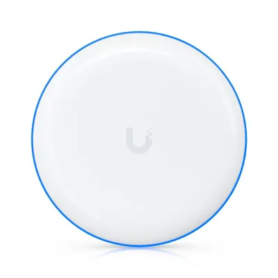 Puente UniFi Building Bridge 60 GHz Gigabit+ con logo gris en dispositivo circular blanco y azul para conexión inalámbrica Puente UniFi Building Bridge 60 GHz Gigabit+ con logo gris en dispositivo circular blanco y azul para conexión inalámbrica