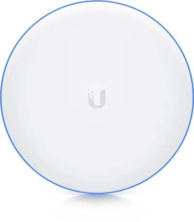 Ponte wireless Ubiquiti UniFi Building Bridge XG, dispositivo circolare bianco con logo grigio e bordo blu su sfondo neutro