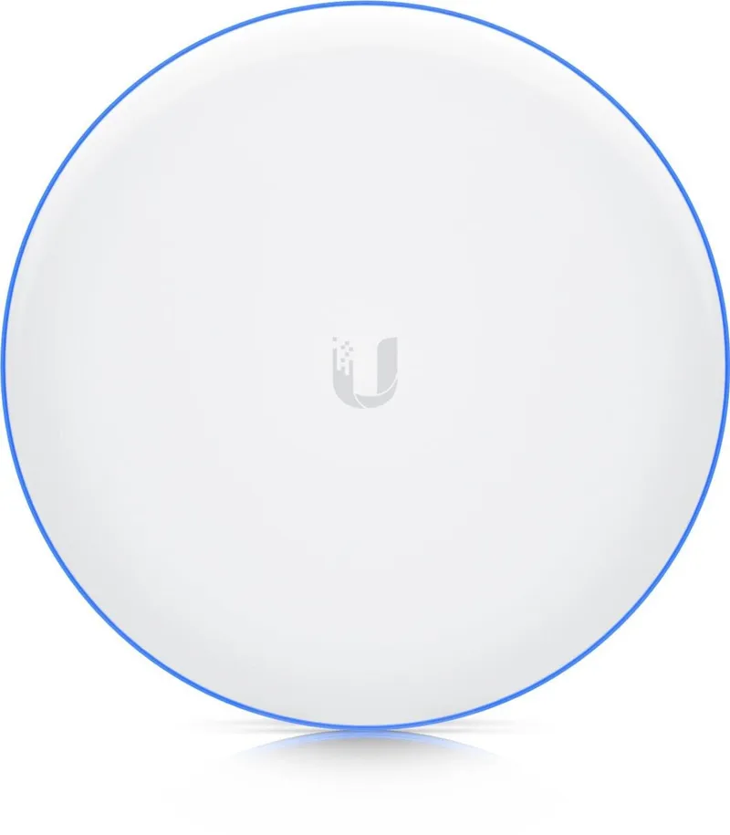 Ponte wireless Ubiquiti UniFi Building Bridge XG, dispositivo circolare bianco con logo grigio e bordo blu su sfondo neutro