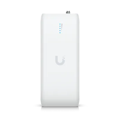 Weißes Ubiquiti UniFi Device Bridge Netzwerkgerät mit grauer U-Logo, fünf blauen LED-Anzeigen und silbernem