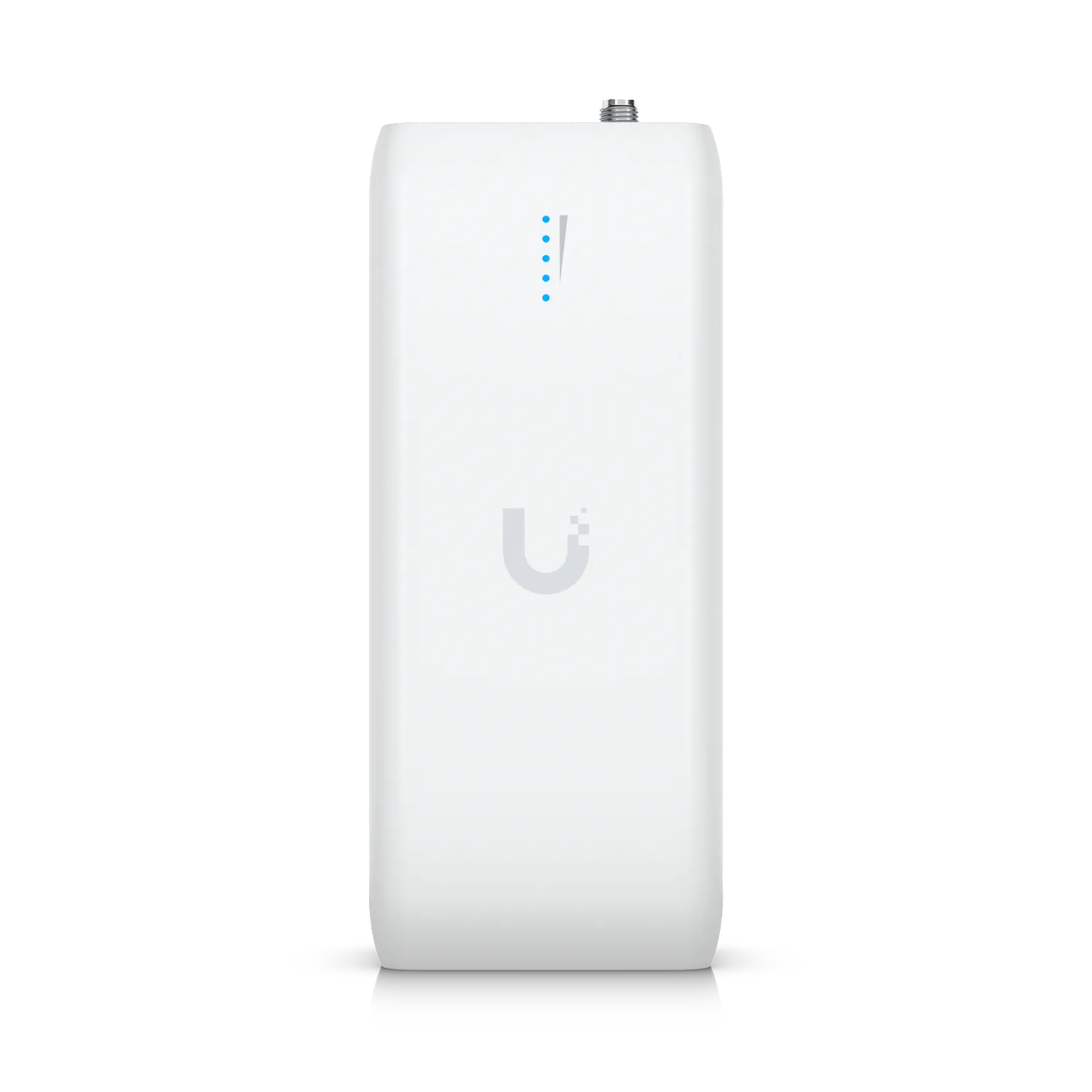 Weißes Ubiquiti UniFi Device Bridge Netzwerkgerät mit grauer U-Logo, fünf blauen LED-Anzeigen und silbernem Weißes Ubiquiti UniFi Device Bridge Netzwerkgerät mit grauer U-Logo, fünf blauen LED-Anzeigen und silbernem