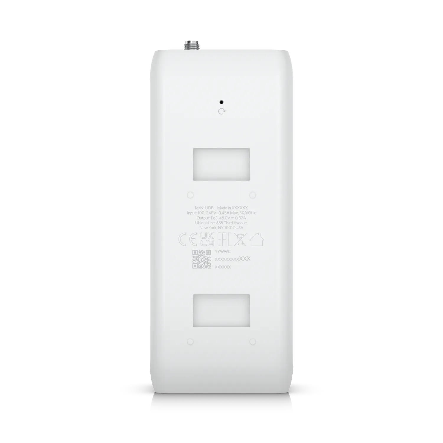 Ubiquiti UniFi Device Bridge Rückansicht mit Montageschraube, Reset-Taste, Befestigungsschlitzen und technischen Aufdrucken Ubiquiti UniFi Device Bridge Rückansicht mit Montageschraube, Reset-Taste, Befestigungsschlitzen und technischen Aufdrucken