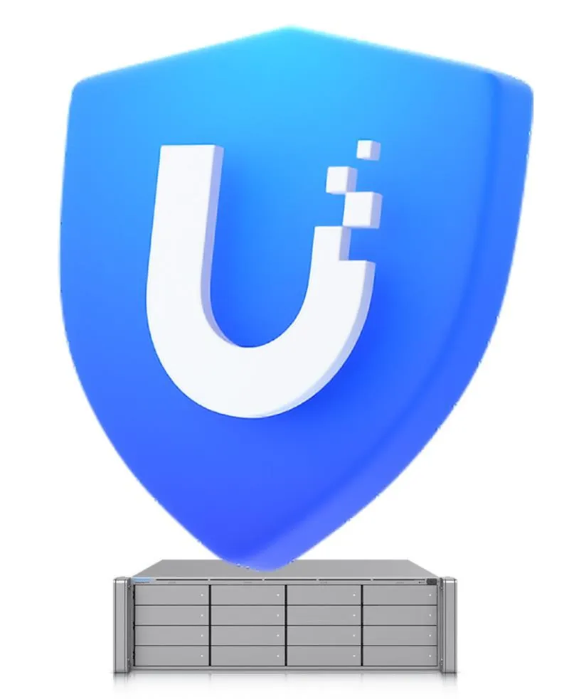 UI Care Lizenz für ENVR, 5 Jahre Direktabwicklung, silbernes Rack-NVR mit blauer 3D-Sicherheitsschild-Überlagerung von