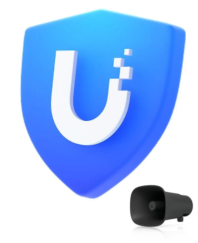 UI Care Lizenz für UP-AI-HORN-Speaker-B 5 Jahre mit blauem U-Schild und schwarzem Lautsprecher im Sicherheitskontext.