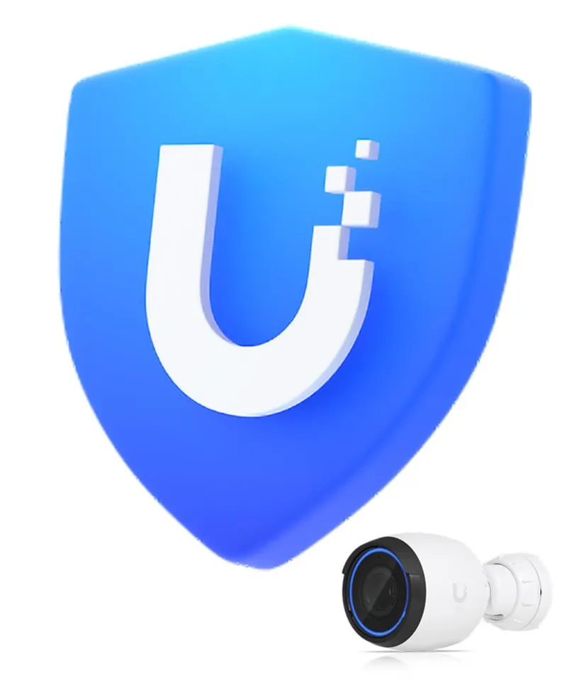 Licencia UI Care para UVC-G5-Pro de 5 años con escudo 3D azul y cámara domo blanca en vista frontal.