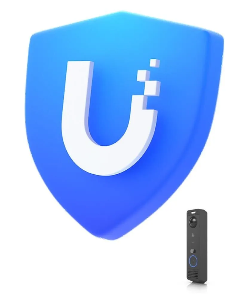 Лицензия UI Care для камеры UVC-G6-Entry на 5 лет с синим щитом и логотипом Ubiquiti за устройством для прямой активации.