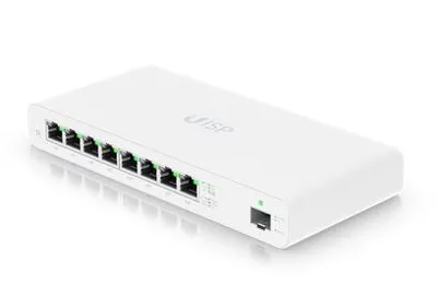 Ubiquiti UISP-R 8-портовый PoE-маршрутизатор с SFP, белый роутер с 8 гигабитными портами и индикаторами на белом фоне.
