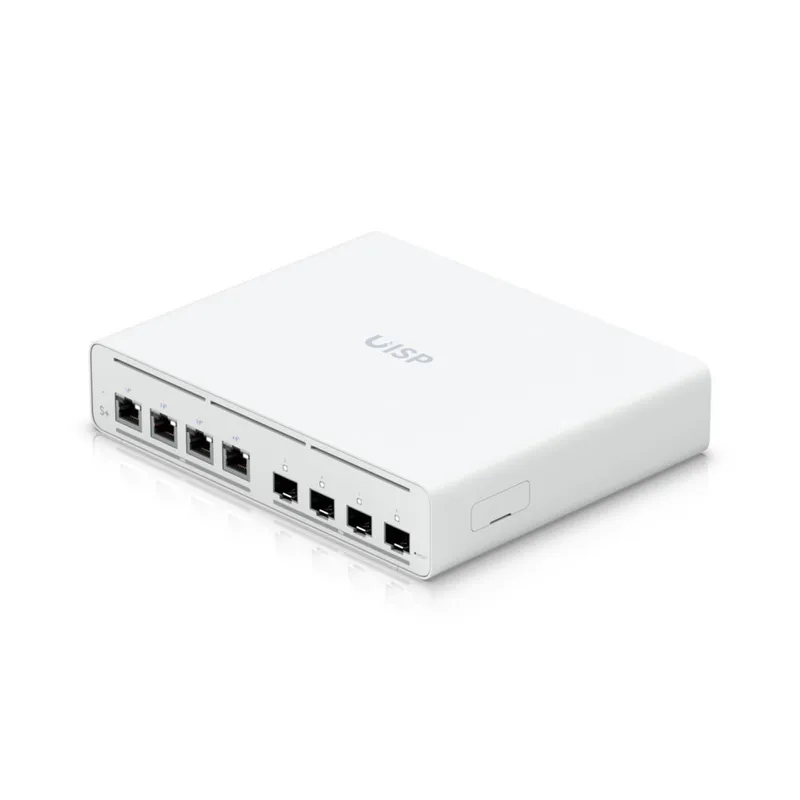 Ubiquiti UISP-S-Plus 8-Port Layer2-Switch mit 4x 2,5 GbE, 4x SFP+, 160W PoE, lüfterlosem Desktop-Gehäuse und UISP-Logo auf
