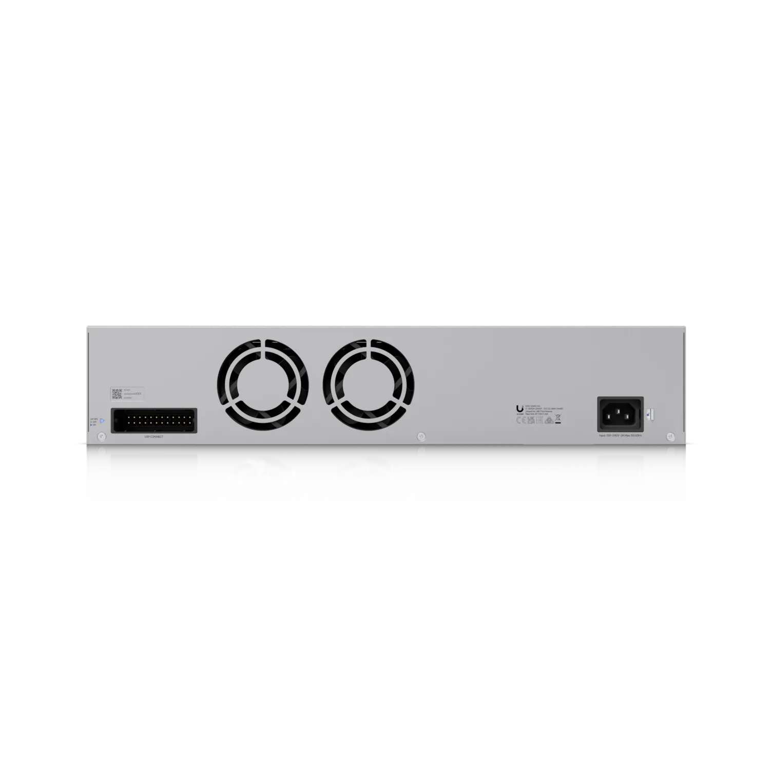 Ubiquiti UNAS-Pro 2U rackmount NAS with 10G SFP+ uplink showing rear cooling fans, power socket, and multi-pin connector on