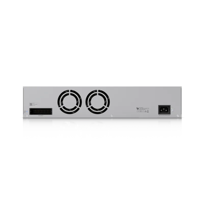 Ubiquiti UNAS-Pro 2U rackmount NAS with 10G SFP+ uplink showing rear cooling fans, power socket, and multi-pin connector on