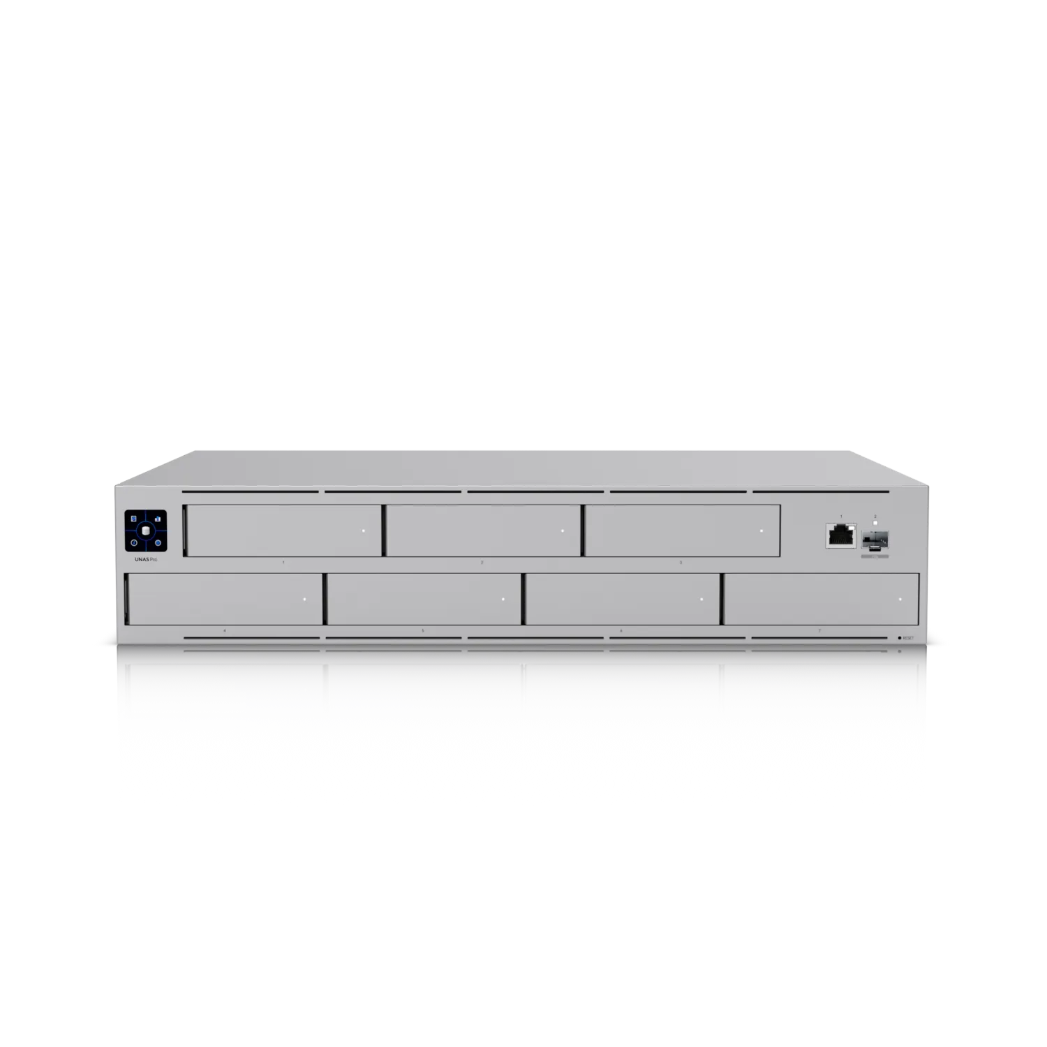 Ubiquiti UNAS-Pro 2U rackmount NAS with 7 HDD bays, 10G SFP+ uplink, display, and ports for enterprise storage.