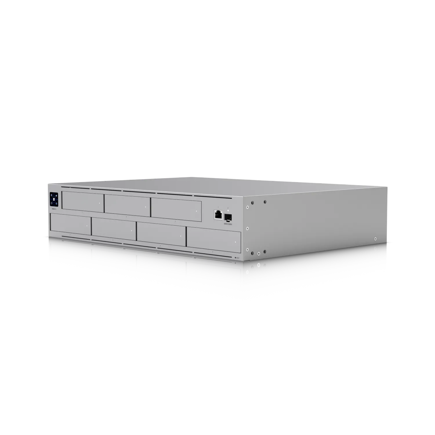 Ubiquiti UNAS-Pro 2U rackmount NAS with 7 HDD bays, LCD screen, and 10G SFP+ uplink shown in silver chassis on reflective