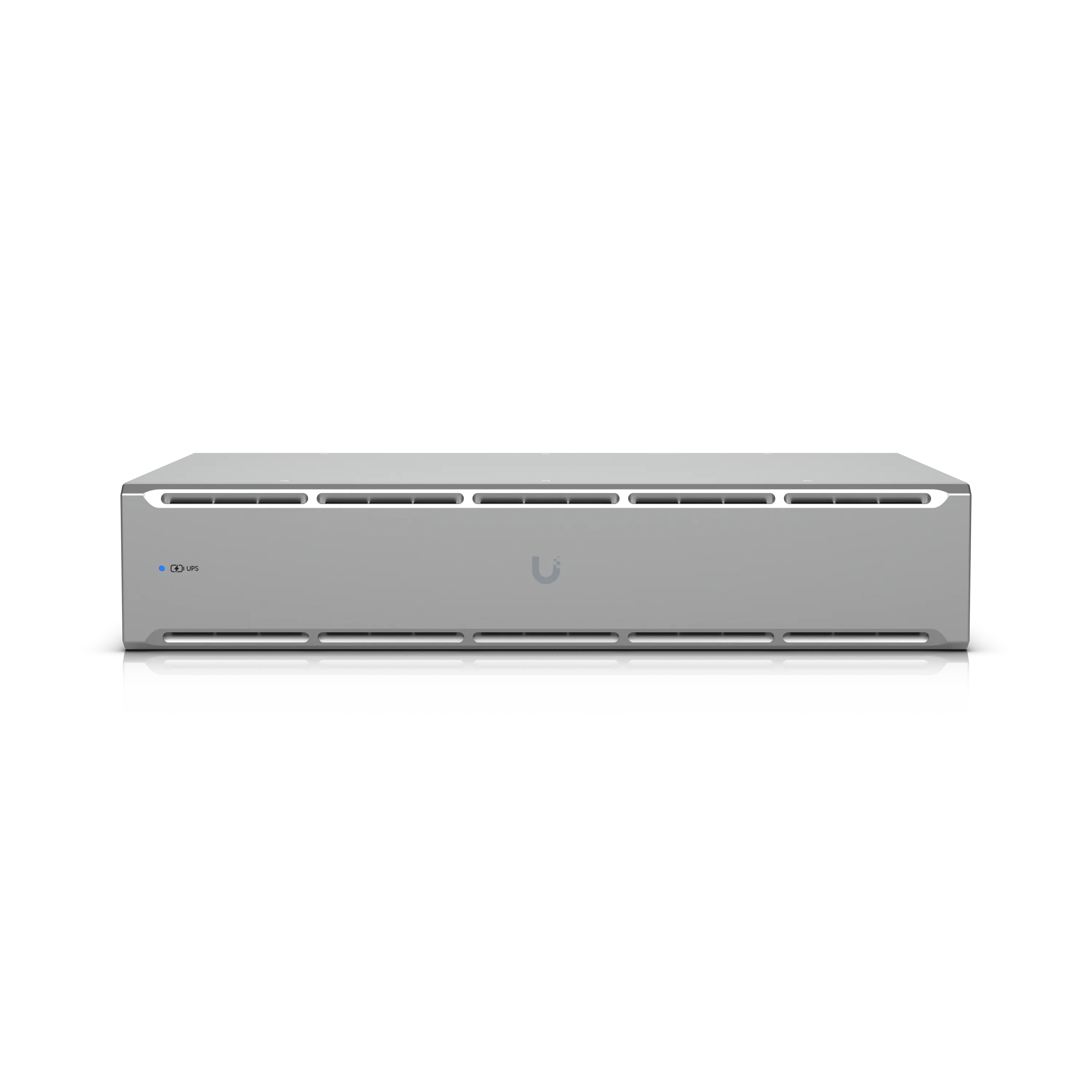 Ubiquiti Unifi UPS 19 Zoll 2U 1,5kVA silbernes Rack-UPS mit Belüftungsschlitzen LED-Anzeige und U-Logo Frontansicht.