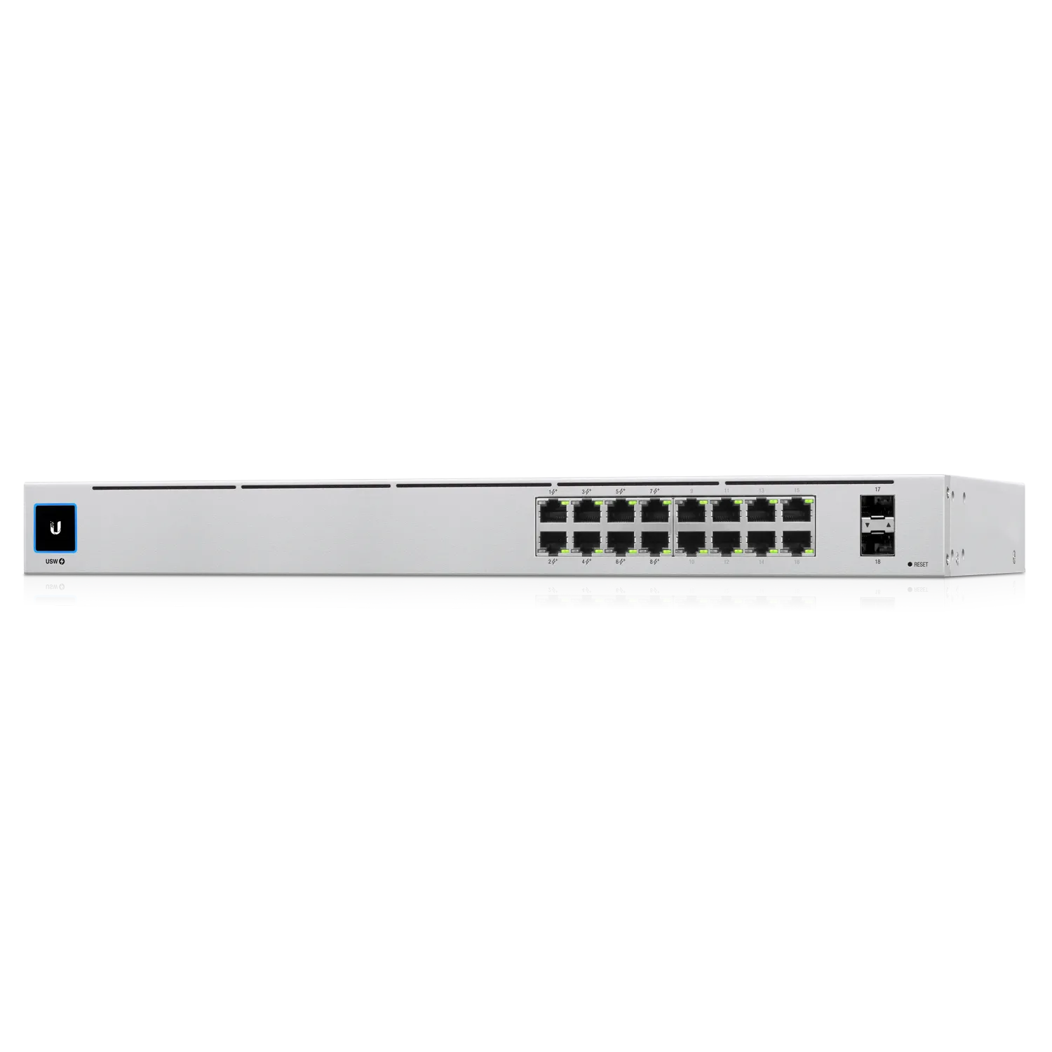 Ubiquiti UniFi Switch USW-16-POE Gen2 42W PoE, 16-port rack-mount network switch with display screen and reset button in a Ubiquiti UniFi Switch USW-16-POE Gen2 42W PoE, 16-port rack-mount network switch with display screen and reset button in a