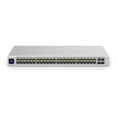 Ubiquiti UniFi Switch USW-48 Gen2 mit Touchscreen, 48 RJ45-Ports und 4 SFP-Anschlüssen auf weißem Hintergrund. Ubiquiti UniFi Switch USW-48 Gen2 mit Touchscreen, 48 RJ45-Ports und 4 SFP-Anschlüssen auf weißem Hintergrund.