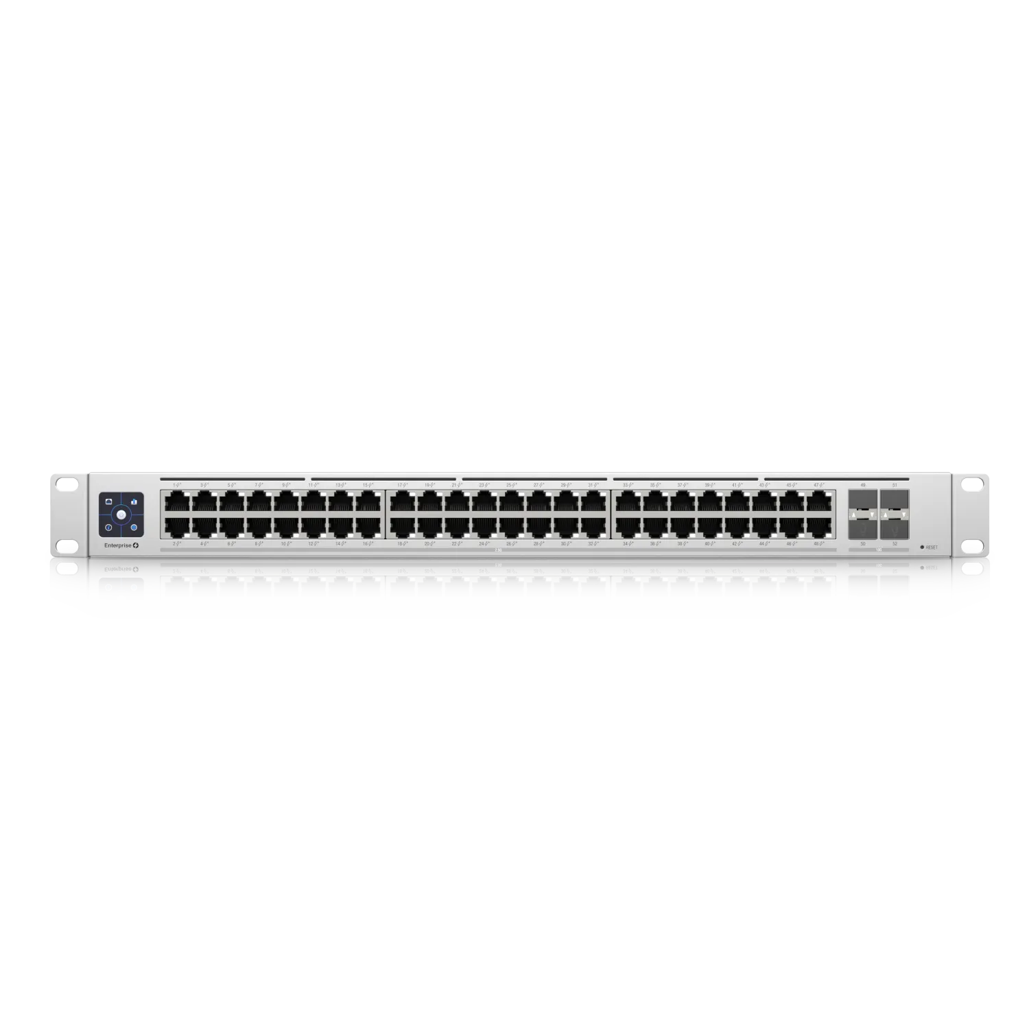 Ubiquiti UniFi Switch USW-Enterprise-48-PoE 720W front view with 48 RJ45 ports, 4 SFP+ ports, and LED control panel in a Ubiquiti UniFi Switch USW-Enterprise-48-PoE 720W front view with 48 RJ45 ports, 4 SFP+ ports, and LED control panel in a