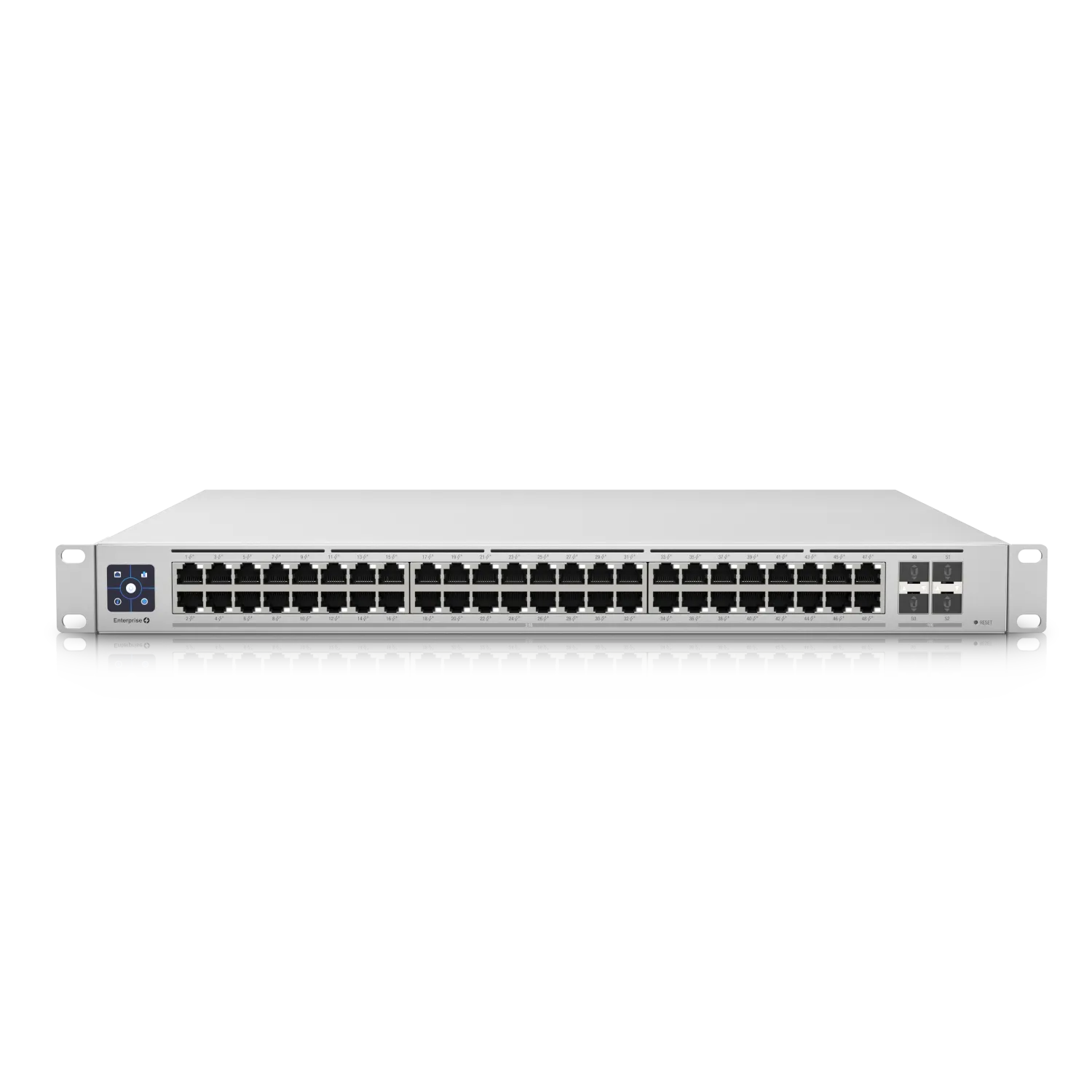 Ubiquiti UniFi Switch USW-Enterprise-48-PoE 720W front view with 48 Ethernet ports, SFP+ ports, and display screen in a Ubiquiti UniFi Switch USW-Enterprise-48-PoE 720W front view with 48 Ethernet ports, SFP+ ports, and display screen in a